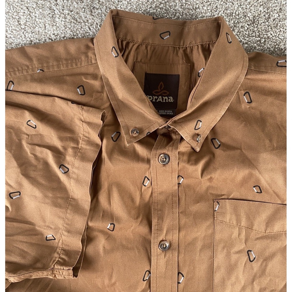 Prana Brown Button Down Shirt Men XXL Cotton All Over Carabiner Clip Hiking Camp